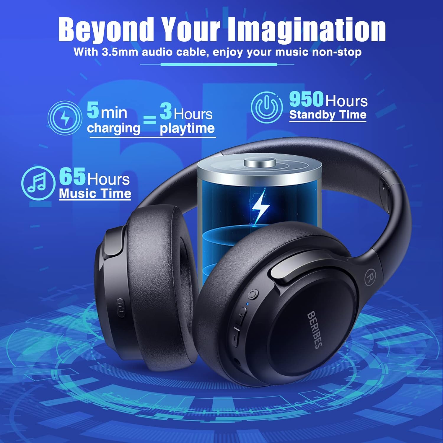 BERIBES Bluetooth Headphones Over Ear, 65H Playtime