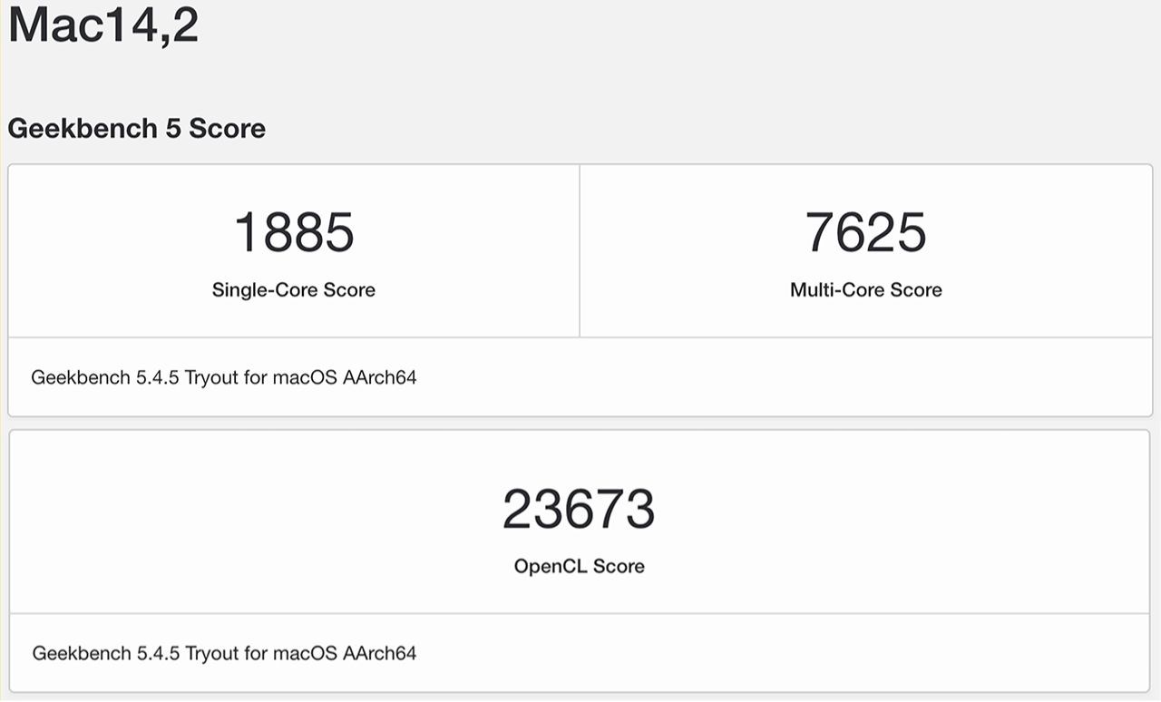 GeekBench 6 of MacBook Air M2